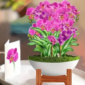 3D pop up greeting card.Complete card set with envelope Beautiful orchids. 13x9”